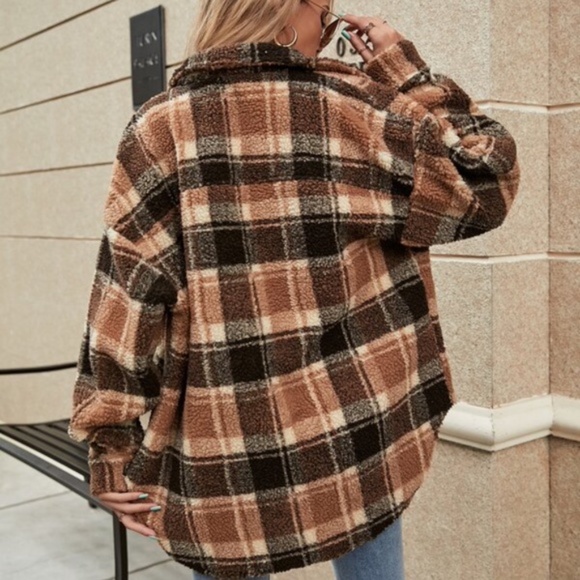Boho Brown Plaid Teddy Jacket Coat Comfy Oversized Pocket - Picture 2 of 3